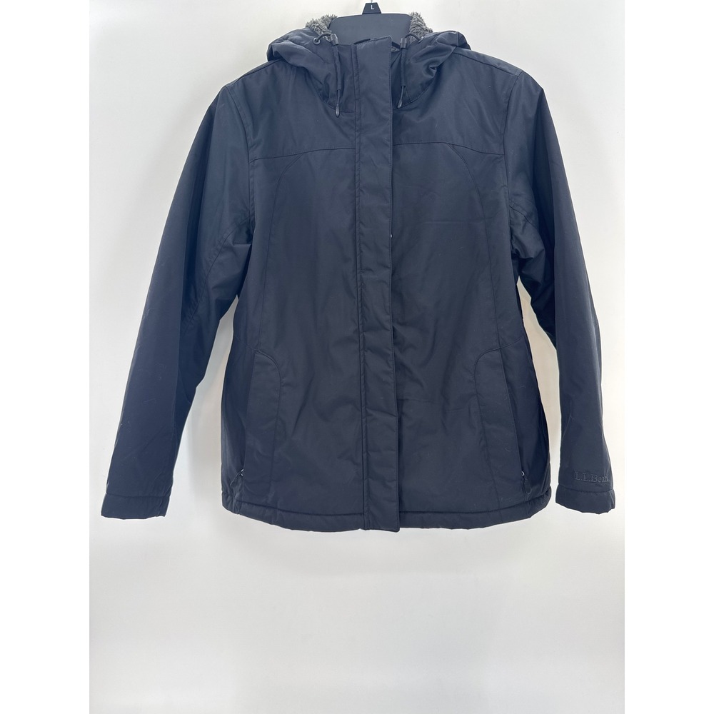 LL Bean Wildcat Jacket Womens Small Petite Black‎ Fleece Lined Hooded 271137